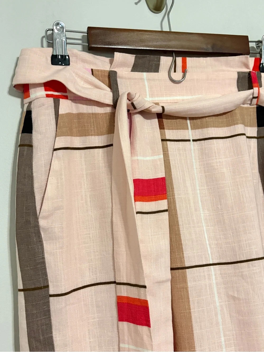 Ann Taylor Petite Striped Plaid Belted Skirt in Cream, Coral & Tan Size 8P NEW